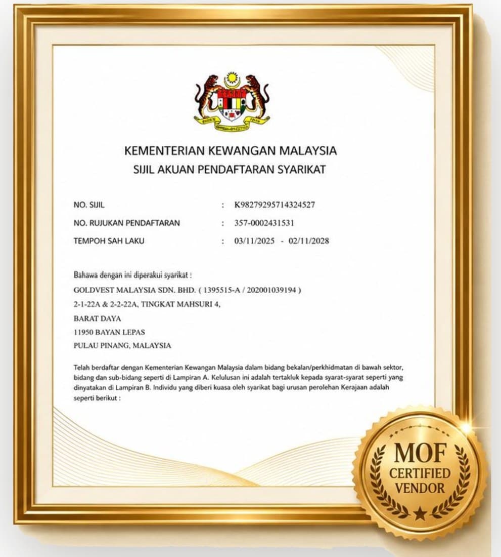 Goldvest Malaysia Sdn. Bhd. vendor certificate issued by the Ministry of Finance Malaysia