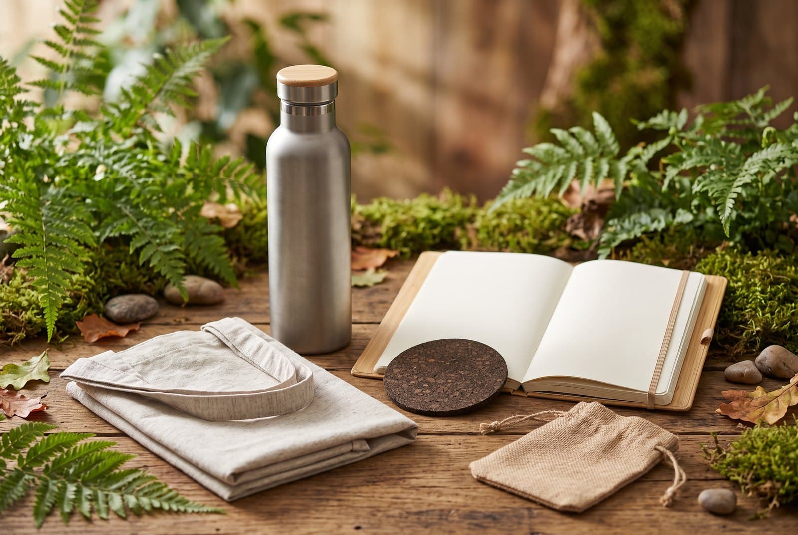 A recycled stainless-steel water bottle, folded recycled-cotton tote, bamboo notebook, cork coaster and jute pouch arranged on reclaimed wood among ferns and moss — premium corporate gifts made from responsibly-sourced materials