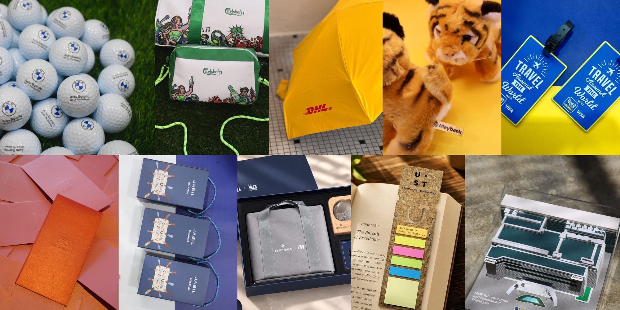 A spread of branded corporate merchandise made by Goldvest
