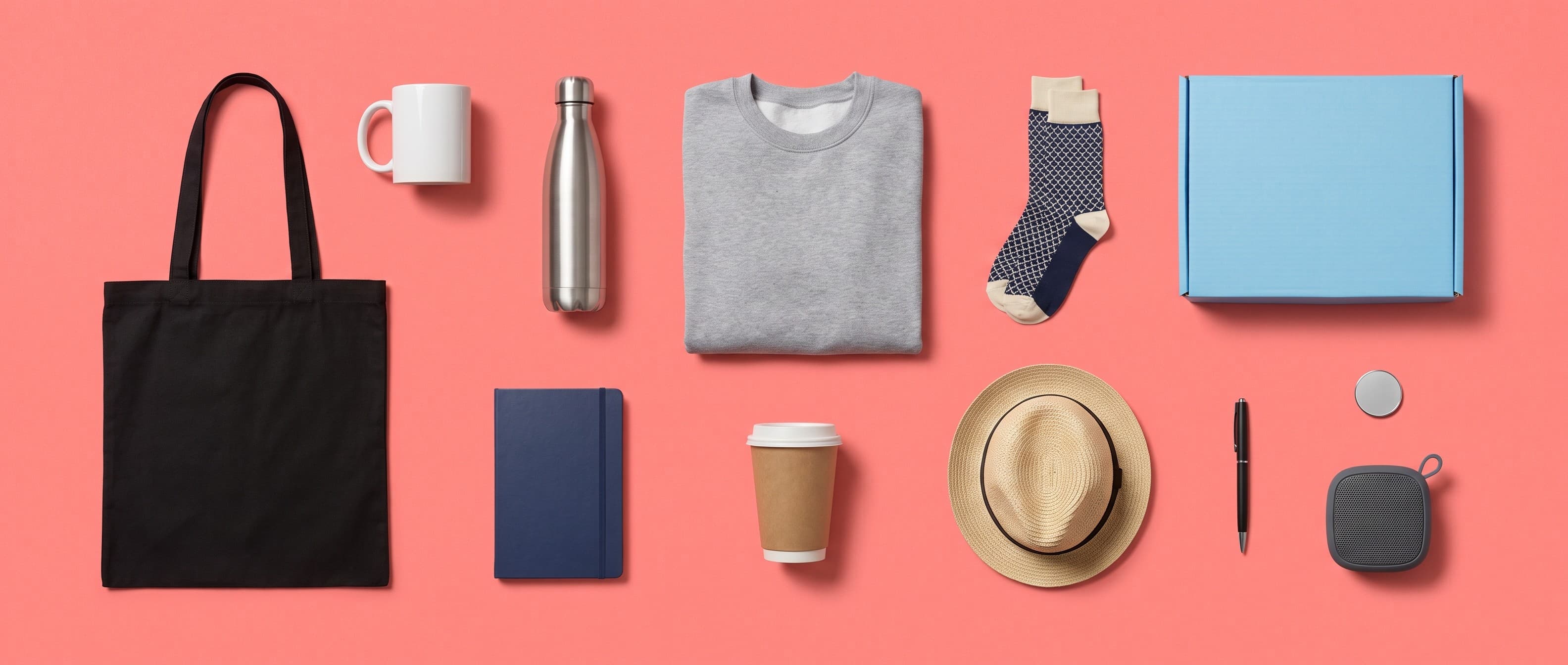 A spread of branded corporate merchandise made by Goldvest